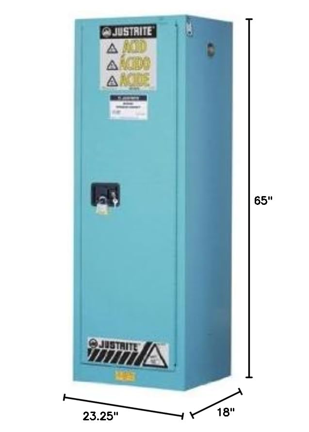 Image of Justrite Acid Corrosive Storage Cabinet - 22 Gallon 1 Door Slimline Manual Close Chemical Storage Cabinet with ChemCor Coating - 18 inch x 65 inch x 23 inch - Made in The USA - Light Blue - 8922022