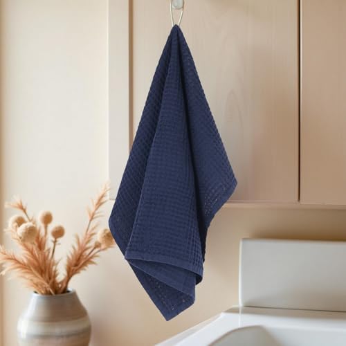 Image of HAMELIN The Ezra Waffle Hand Towel | Pure Cotton Lightweight Anti Microbial & Water Absorbent | Softer Touch Quick Drying Towels | Durable & Long Lasting | Blue | 70 cm x 43 cm | Pack of 1