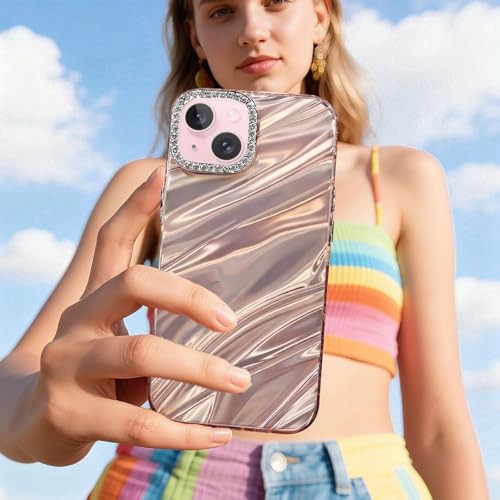 Image of DIZORO Compatible with iPhone 15 Plus Case | Marble Glossy Hard PC Back Cover with Diamond Camera Protector | Ultra Stylish Shockproof Back Cover Case for Girls Women-Pink