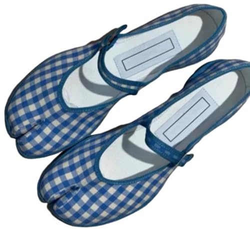 Retro Checkered Print Lightweight & Sport Tabi Shoes Mary Janes Ballet Flat Split Toe Women Kawaii Korean Style