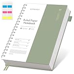 EMSHOI B5 Notebook College Ruled, Spiral Notepad 150 Sheets/300 Pages, 100gsm, PVC Cover, Sticky Notes, Pocket, Pen Loop, Ruler, Bookmark, Lined Journal for Writing, 19 x 25.8cm, Sage Green