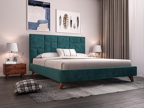 Image of Acacia Modern Upholstered King Size Bed for Bedroom | Wooden Double Bed | Platform Cot Bed with Upholstery Premium Fabric | 6.5 x 6 Ft, Sheesham Solid Wood | Brown, Turquoise