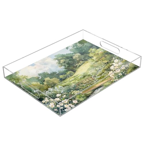 BOESI Flower and Tree and Bridge Pattern Acrylic Decorative Dining Tray, Acrylic Decorative Tray Organizer with Handle for Kitchen, Dining Room, Bathroom, Dresser