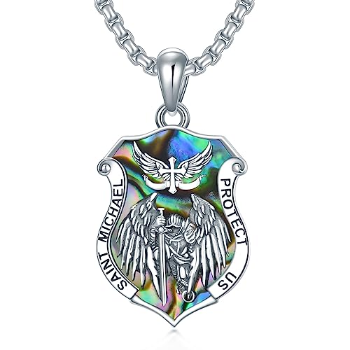 Seiyang Abalone Shell St Michael Necklace for Men 925 Sterling Silver Shield Shape Saint Archangel Michael Medal Medallion Protection Jewelry for Women