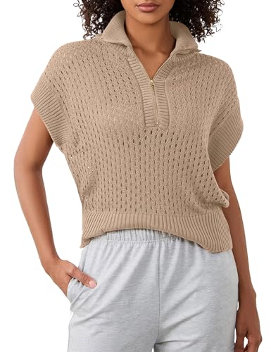 Image of Womens Spring Cap Sleeve Crochet Sweaters Loose Fit Quarter Zip Lightweight Hollow Out Beach Vacations Clothes