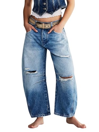 utcoco Womens Mid Rise Barrel Jeans Y2k Baggy Boyfriend Distressed Ripped Jeans Wide Leg Denim Pants
