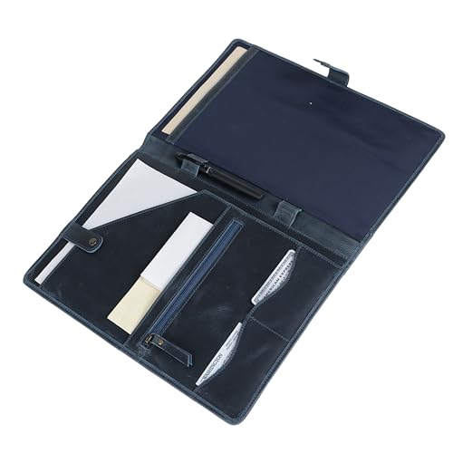 Image of KomalC Leather Portfolio Folder with Button Closure | Business Padfolio for Professionals | Vintage Organizer with Legal Pad Holder, Card Slots & Document Pockets (Blue)