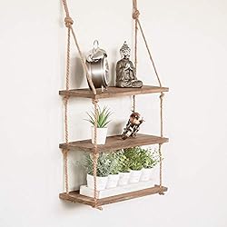 Estanteria Cuerdas Amazon HomeZone® Estantería vintage de 3 niveles con estante de cuerda flotante rústico para colgar en la pared, organizador de almacenamiento para el hogar (3 estantes de cuerda vintage)