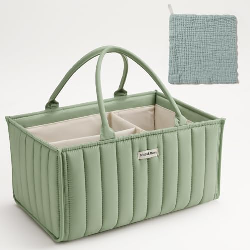 Image of Blissful Diary Baby Diaper Caddy Organizer, Stylish Baby Diaper Caddy Basket With a Baby Burp Cloth - Gift for Baby Shower List, Newborn Essentials, Baby Registry Must Have - Sage Green