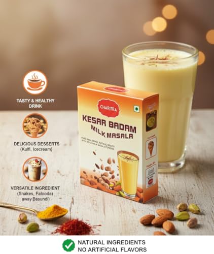 Image of CHARITRA ENTERPRISE Kesar Badam Milk Masala Powder, Premium Saffron Almond Drink Mix with Natural Ingredients, No Sugar Added, Traditional Indian Milk Enhancer for Pure Indulgence (100 g)