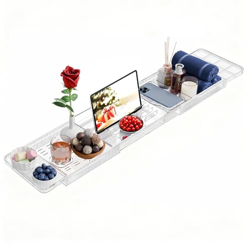 Bandeja para Bañera Acrílico, Bandeja Retráctil, Bandeja para Bañera para Copas de Vino, Libros, Tabletas, iPad y Teléfono, Accesorios de Baño Transparente