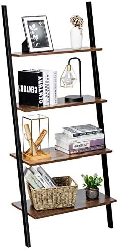Tangkula Industrial 4-Tier Ladder Shelf, Leaning Against The Wall Bookshelf for Living Room Office, Multipurpose Storage Rack Shelves with Metal Frame, Plant Flower Stand (Rustic Brown)