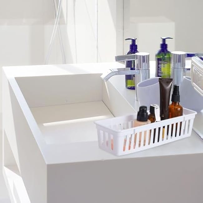 Domensi 24 Pcs Slim Plastic Storage Baskets Tray for Organizing 10.25 x 3.25 x 2.5 Inch Small Storage Bins Stackable Drawer Pencil Trays Holder for Desk Garage Office Containers(White)