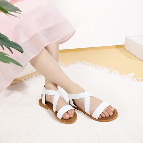 Image of PANDANINJIA Girls Sandals Slip-on Elastic Ankle Cross Strappy Gladiator Dress Sandals Flats Summer Shoes Little Big Kids Sandals