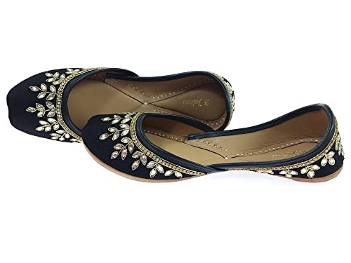 Image of Fulkari Women's Dolli Gold Genuine Soft Leather Embroidered Jutis | Bite and Pinch Free Jutti | Punjabi Formal Juttis | Girl's Wedding Flat Ladies Mojari | Formal Ethnic Juti |