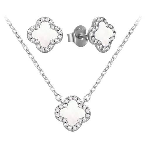 Evensee Boucles d'Oreilles et Collier Argent 925 Trèfle à Quatre Feuilles avec Nacre Blanche Set Bijoux Femme Cadeau Élégant Anniversaire Mariage Baptême