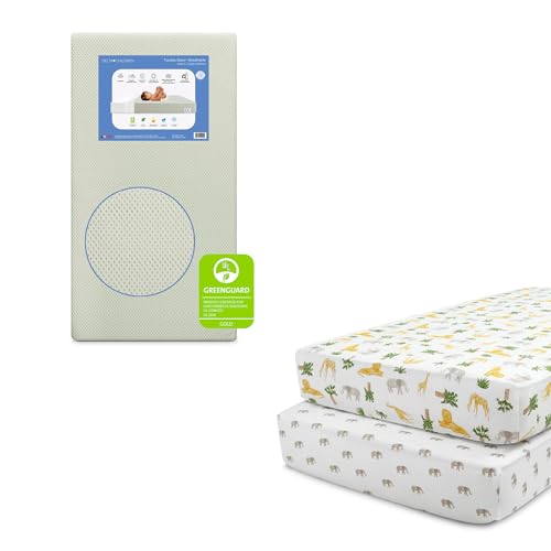Image of Delta Children Twinkle Stars Breathable Baby Bed Crib Mattress and Toddler Mattress, Green Fitted Crib Sheets for Girls and Boys (Pack of 2), Safari Friends (Bundle)