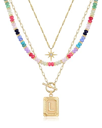 Image of MJartoria Layered Initial Necklaces for Women Trendy, 14K Gold Plated Brass Simple Star Choker Square Letter Pendant Necklace, Colorful Beaded Necklaces Jewelry Gifts