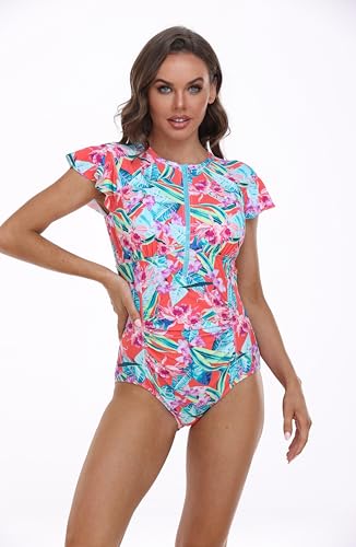 BIMEI One-Piece Mastectomy Swimsuit Zip Front Rash Guard Short Sleeve Pocketed for Women Sport Bathing Athletic Printed 22163