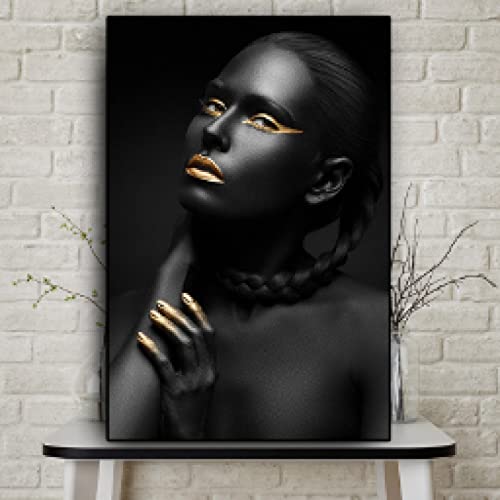 Peinture sur Toile Femme Noir et Or 60x90cm sans cadre pour salon scandinave