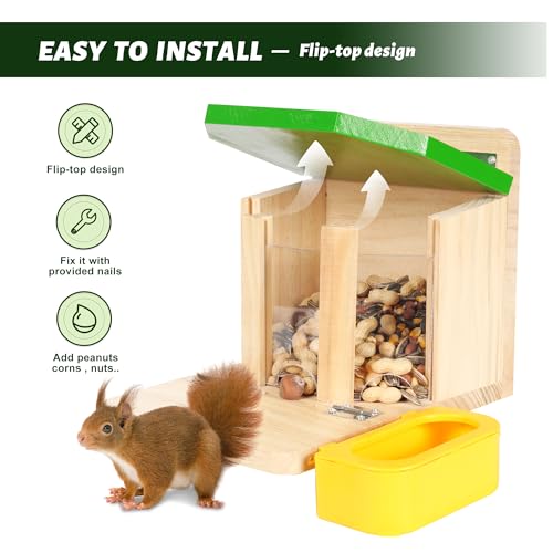 MIXXIDEA Wooden Squirrel Feeders for Outside with Water Bowl, Large Capacity, Sturdy Squirrel Feeder House with Thick Wood, No Assembly Required, for Backyard Outside Garden (Green)