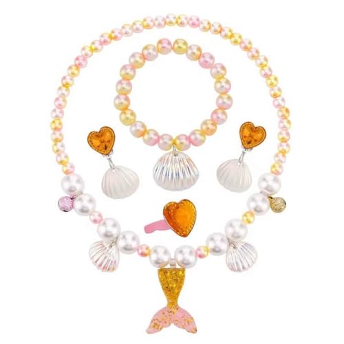 Image of FancyDressWale Mermaid Jewelry Kit Shell Necklace, Bracelet, Ring, Earrings, and Organza Bags - Perfect for Mermaid Party Costume Accessories. Cute Style, Plastic and Organza.