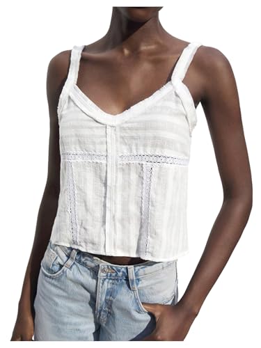 SHENHE Women's Lace Striped Textured V Neck Sleeveless Boho Vacation Crop Tank Tops Cami