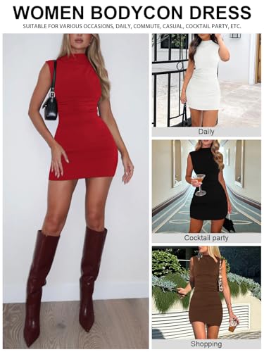 Women's Sexy Summer Casual Mock Neck Sleeveless Bodycon Dresses Ruched Turtleneck Cocktail Party Mini Dress4