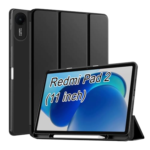 Image of CEDO Smart Case for Redmi Pad 2 (11 in) Tri-Fold Flip Folio Cover | Pencil Holder | Auto Wake-Up /Sleep Mode | Multi View Angles Stand TPU Backcover (Black)