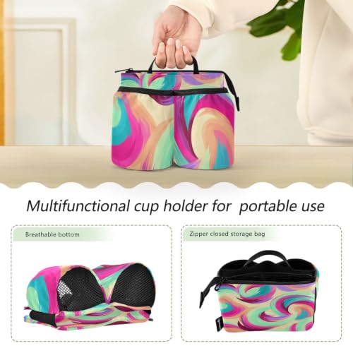 Image of Luggage Cup Holder for Suitcases Free Hands Suitcase Cup Holder Travel Luggage Drink Holder Portable Luggage Cup Caddy Bag Carrier with Handle Abstract Colorful Paint