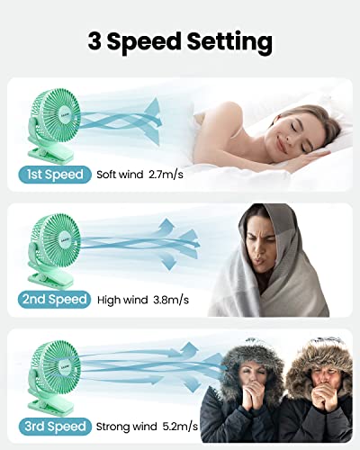 Image of Gaiatop Portable Clip on Fan Battery Operated, Small Powerful 3 Speed Quiet 360 Rotate, USB Rechargeable Mini Personal Cooling Fan for Desk Table Home Office Stroller Camping Women Gifts Green
