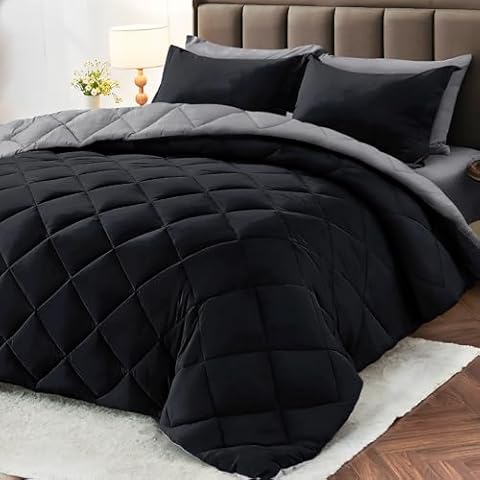 MUXHOMO 7 Pieces Queen Comforter Set, Reversible Bed in a Bag Queen Size, All Season Queen Bedding Set with Comforter, Flat Sheet, Fitted Sheet, Pillowcases & Shams, Black & Soot Cover