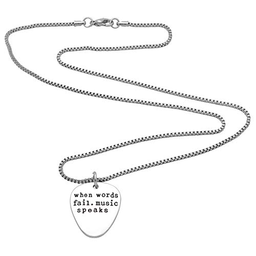 Art Attack When Words Fail Music Speaks Chain Necklace, Electric Guitar Pick Rock N Roll Love Metal Pendant Charm (Silver)2