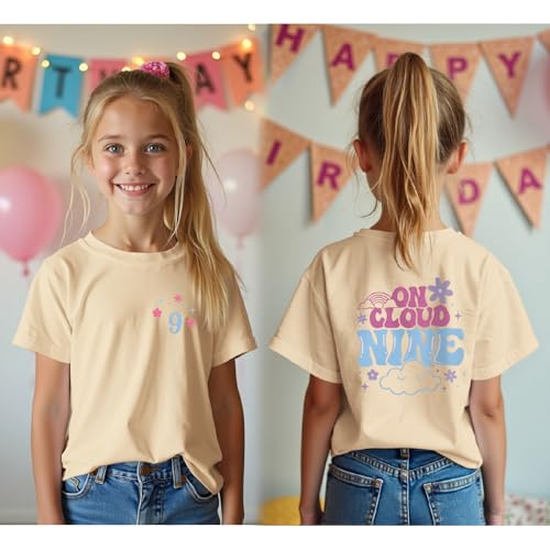 Image of On Cloud Nine Birthday Girl Shirt 9th Birthday Shirt Girl Flower Nineth Party T-Shirt Kids 9 Year Old Summer Tee Tops