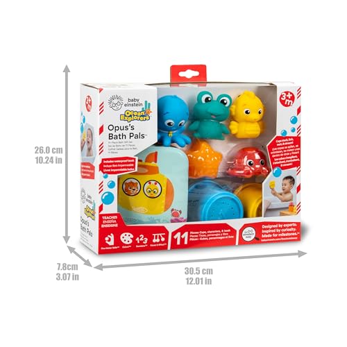 Image of Baby Einstein Ocean Explorers Opus Bath Pals 11-Piece Gift Set, Waterproof Bath Book, Bath Cups, Animal Shape Bath Toys for Baby and Toddler, Ages 3 Months and Up