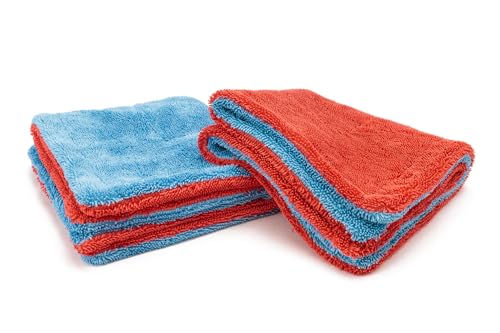 Autofiber Dreadnought Max Triple Layer Microfiber Car Drying Towel Twist Pile and 1400GSM Pack of 2 (16 inch x 16 inch) Blue/Red