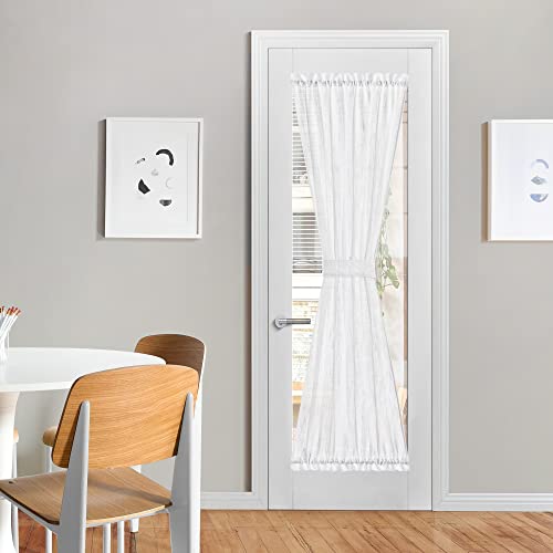 NICETOWN Sheer French Door Curtain, White Linen Door Window Curtain Rod Pocket Light Filtering Drapes for Living Room Tieback Included(26" Width x 72"