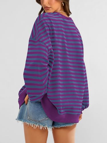 Image of PRETTYGARDEN Womens Striped Oversized Sweatshirt Color Block Crew Neck Long Sleeve Casual Loose Pullover Top Y2K Clothes