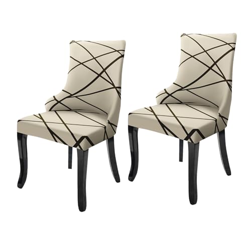 Image of House of Quirk Wingback American Side Chair Slipcover-Accent Chair Cover Slipcover with Arm,Washable Dining Chair with Nailed Trim Protector for Dining Living Room Pack of 2 (Beige Line)