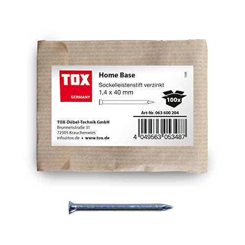 TOX Sockelleistenstifte Home Base blau verzinkt mit tiefem Senkkopf in recycelbarer Papierverpackung, Größe 1,4 x 40 mm, zur Befestigung von Sockelleisten, Lattungen, Holz uvm., 100 Stk., 063600204