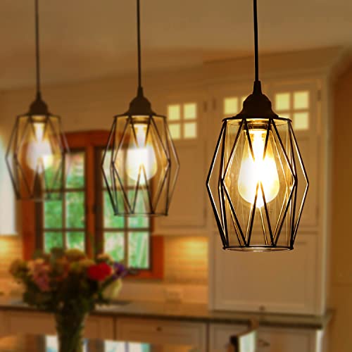 Vintage Black Pendant Light Fixture, Retro Farmhouse Mini Glass Pendant Lighting Industrial Cage Pendant Lamp for Kitchen Island, Dining Room, Bedroom, Hallway, Entryway - Image 3