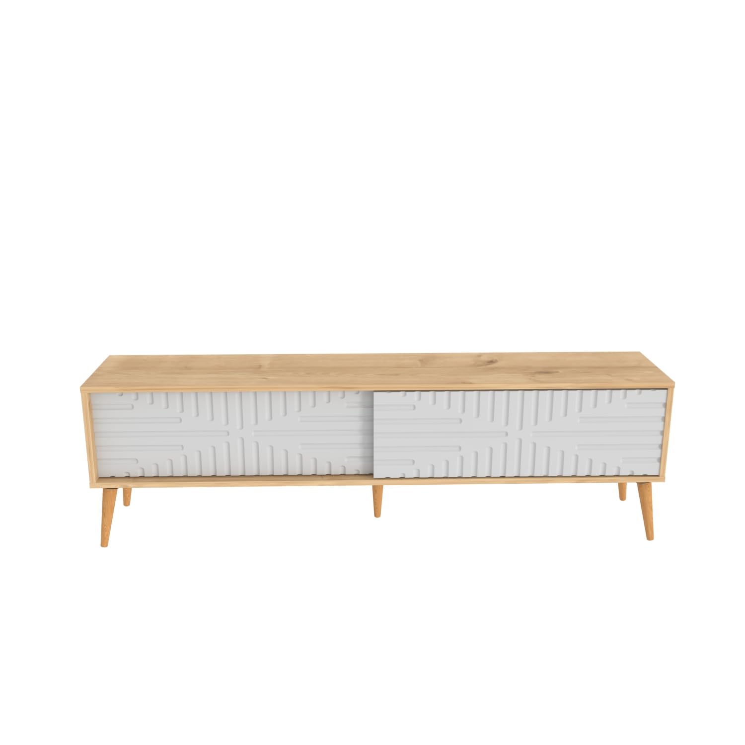 DECOROTIKA Riso 180 cm Modern TV Stand Sliding MDF Doors with Solid Wood Legs (Oak and White)