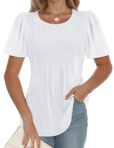 AURUZA Womens T Shirts, Short Sleeve Tops Dressy Casual Pleated Summer Shirts Scoop Neck Tshirts Tunic Tops Fashion2