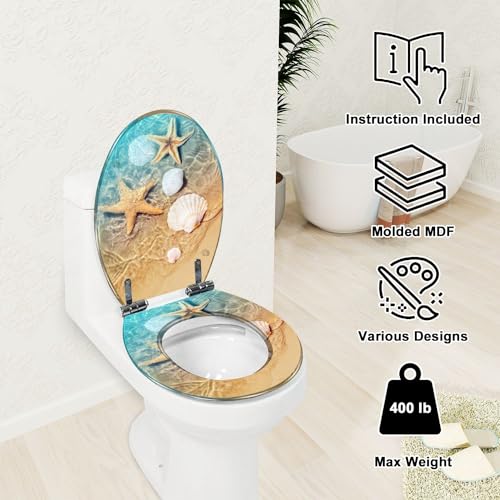 Elongated Toilet Seat Starfish seashell summer beach sea water Summer Resin Toilet Seat with Quietly Close Quick Release Hinges Decorative Toilet Seat with Cover Easy to Clean and Install - Image 4