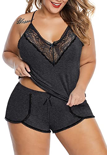 Image of Women Plus Size Pajamas Cami Shorts Set Nightwear Sexy Lace Lingerie Sleepwear
