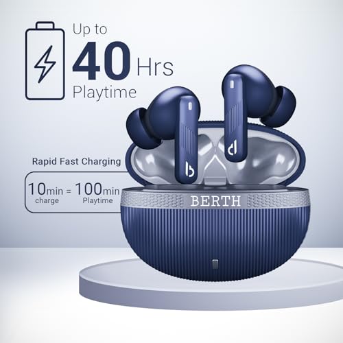 Image of BERTH Airchords Z TWS Earbuds, 40H Playtime, BT 5.4, ENC Mics, 13mm Bass Drivers, 45ms Low Latency, IPX5, Fast Charging, 10min=100min Playback, Gaming Mode, 1-Year Warranty (Blue)