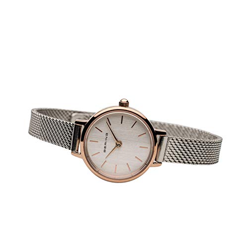 BERING Women's Quartz Watch, 22 mm Rose-Gold Stainless-Steel Case and Silver Dial, Milanese Strap, Sapphire Crystal, 3 ATM, 11022-064