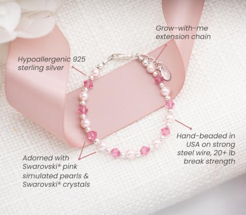 Image of Cherished Moments 925 Sterling Silver Charm Bracelet for Babies, Toddlers, Kids or Little Girls with Simulated Pearls, Pink Crystals and Heart, Gift for Birthday or Granddaughter