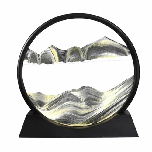 BGFJYUK Moving Sand Art Picture in Motion, Round Tempered Glass 3D Deep Sea Sandscapes with Display Flowing Sand Frame for Relaxing Desktop Home Office Work Décor for Kids Adults (Black, 7inch)