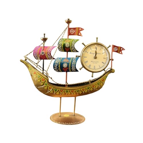 Image of Mitti Mahal Decorative Boat Table Clock ? Handcrafted Iron Vintage Nautical Style Desk Clock for Home & Office Decor | Maritime Boat Shape Decorative Timepiece for Living Room, Study Table